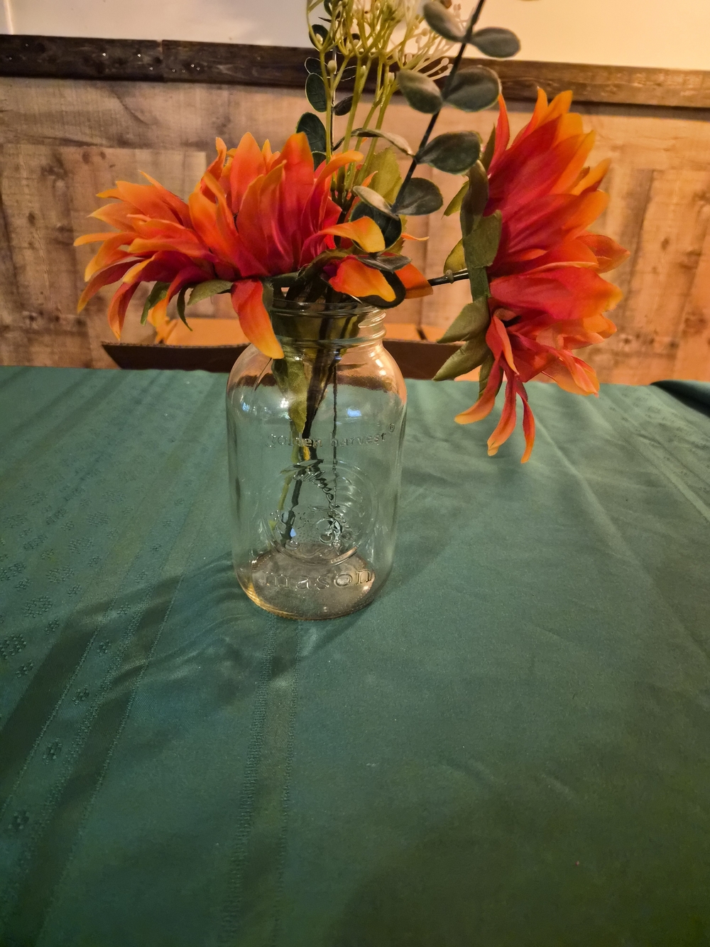 Orange Artificial Sunflower Stems in Clear Decorative Mason Jar #1